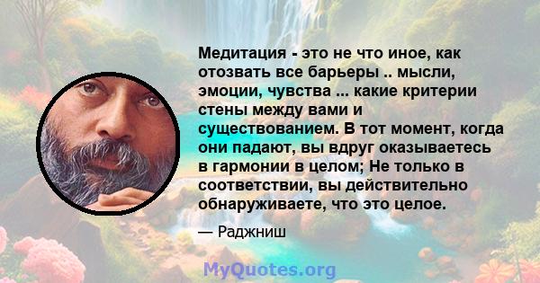 Медитация - это не что иное, как отозвать все барьеры .. мысли, эмоции, чувства ... какие критерии стены между вами и существованием. В тот момент, когда они падают, вы вдруг оказываетесь в гармонии в целом; Не только в 