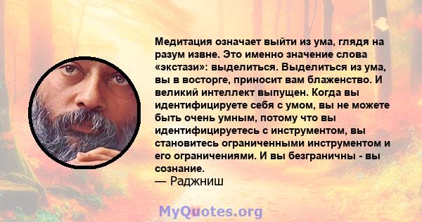 Медитация означает выйти из ума, глядя на разум извне. Это именно значение слова «экстази»: выделиться. Выделиться из ума, вы в восторге, приносит вам блаженство. И великий интеллект выпущен. Когда вы идентифицируете