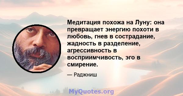 Медитация похожа на Луну: она превращает энергию похоти в любовь, гнев в сострадание, жадность в разделение, агрессивность в восприимчивость, эго в смирение.