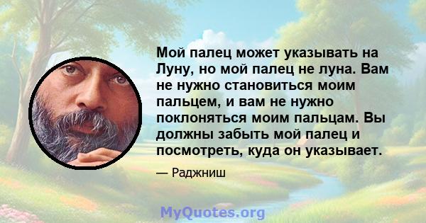 Мой палец может указывать на Луну, но мой палец не луна. Вам не нужно становиться моим пальцем, и вам не нужно поклоняться моим пальцам. Вы должны забыть мой палец и посмотреть, куда он указывает.