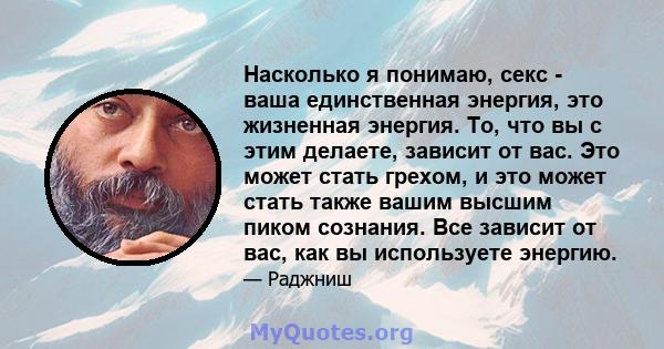 Насколько я понимаю, секс - ваша единственная энергия, это жизненная энергия. То, что вы с этим делаете, зависит от вас. Это может стать грехом, и это может стать также вашим высшим пиком сознания. Все зависит от вас,