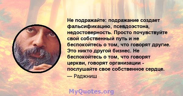 Не подражайте: подражание создает фальсификацию, псевдоэстона, недостоверность. Просто почувствуйте свой собственный путь и не беспокойтесь о том, что говорят другие. Это никто другой бизнес. Не беспокойтесь о том, что