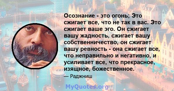 Осознание - это огонь; Это сжигает все, что не так в вас. Это сжигает ваше эго. Он сжигает вашу жадность, сжигает вашу собственничество, он сжигает вашу ревность - она ​​сжигает все, что неправильно и негативно, и