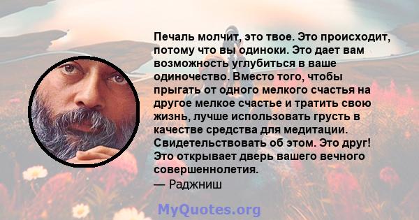 Печаль молчит, это твое. Это происходит, потому что вы одиноки. Это дает вам возможность углубиться в ваше одиночество. Вместо того, чтобы прыгать от одного мелкого счастья на другое мелкое счастье и тратить свою жизнь, 