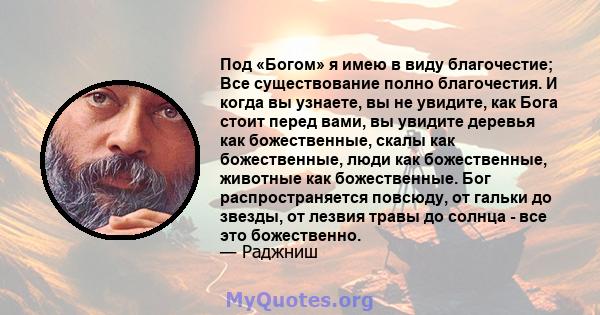 Под «Богом» я имею в виду благочестие; Все существование полно благочестия. И когда вы узнаете, вы не увидите, как Бога стоит перед вами, вы увидите деревья как божественные, скалы как божественные, люди как