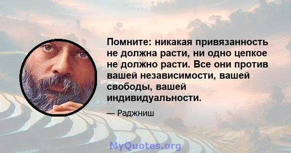 Помните: никакая привязанность не должна расти, ни одно цепкое не должно расти. Все они против вашей независимости, вашей свободы, вашей индивидуальности.