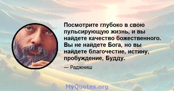 Посмотрите глубоко в свою пульсирующую жизнь, и вы найдете качество божественного. Вы не найдете Бога, но вы найдете благочестие, истину, пробуждение, Будду.