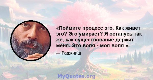 «Поймите процесс эго. Как живет эго? Эго умирает? Я останусь так же, как существование держит меня. Это воля - моя воля ».