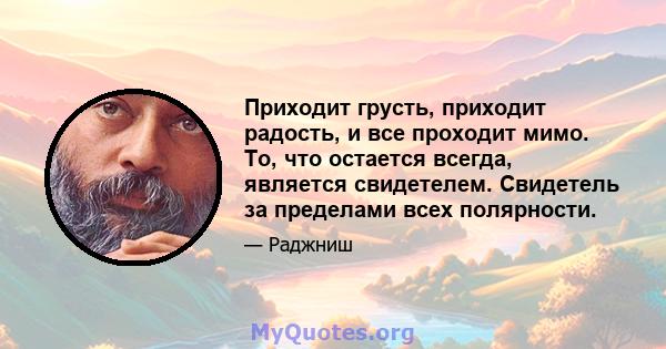 Приходит грусть, приходит радость, и все проходит мимо. То, что остается всегда, является свидетелем. Свидетель за пределами всех полярности.