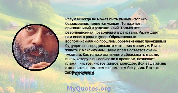 Разум никогда не может быть умным - только беззамешник является умным. Только нет, оригинальный и радикальный. Только нет, революционная - революция в действии. Разум дает вам своего рода ступор. Обремененные