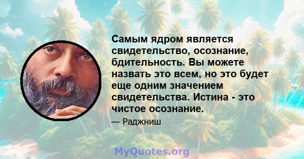 Самым ядром является свидетельство, осознание, бдительность. Вы можете назвать это всем, но это будет еще одним значением свидетельства. Истина - это чистое осознание.