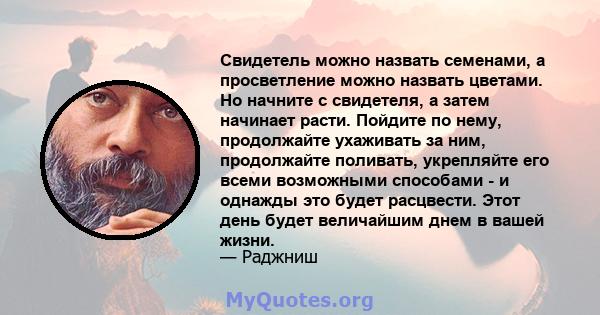 Свидетель можно назвать семенами, а просветление можно назвать цветами. Но начните с свидетеля, а затем начинает расти. Пойдите по нему, продолжайте ухаживать за ним, продолжайте поливать, укрепляйте его всеми