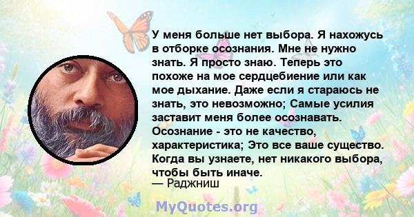 У меня больше нет выбора. Я нахожусь в отборке осознания. Мне не нужно знать. Я просто знаю. Теперь это похоже на мое сердцебиение или как мое дыхание. Даже если я стараюсь не знать, это невозможно; Самые усилия