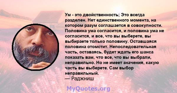 Ум - это двойственность; Это всегда разделен. Нет единственного момента, на котором разум соглашается в совокупности. Половина ума согласится, и половина ума не согласится, и все, что вы выберете, вы выбираете только