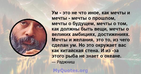 Ум - это не что иное, как мечты и мечты - мечты о прошлом, мечты о будущем, мечты о том, как должны быть вещи, мечты о великих амбициях, достижениях. Мечты и желания, это то, из чего сделан ум. Но это окружает вас как