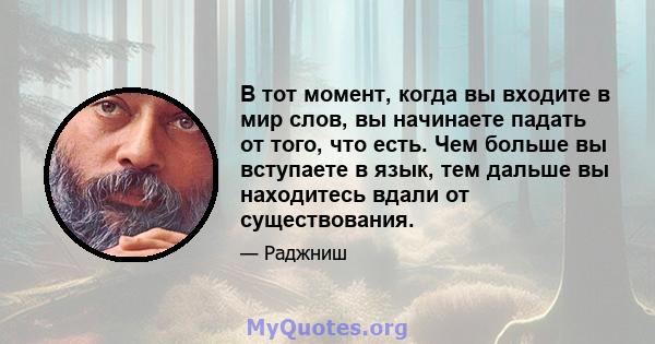 В тот момент, когда вы входите в мир слов, вы начинаете падать от того, что есть. Чем больше вы вступаете в язык, тем дальше вы находитесь вдали от существования.