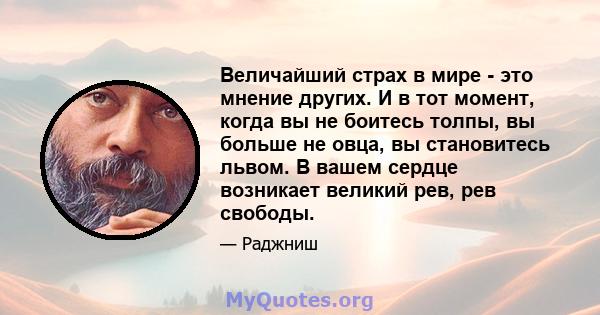 Величайший страх в мире - это мнение других. И в тот момент, когда вы не боитесь толпы, вы больше не овца, вы становитесь львом. В вашем сердце возникает великий рев, рев свободы.