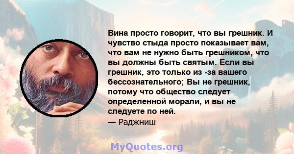 Вина просто говорит, что вы грешник. И чувство стыда просто показывает вам, что вам не нужно быть грешником, что вы должны быть святым. Если вы грешник, это только из -за вашего бессознательного; Вы не грешник, потому