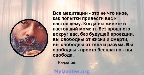 Все медитации - это не что иное, как попытки привести вас к настоящему. Когда вы живете в настоящий момент, без прошлого вокруг вас, без будущей проекции, вы свободны от жизни и смерти, вы свободны от тела и разума. Вы