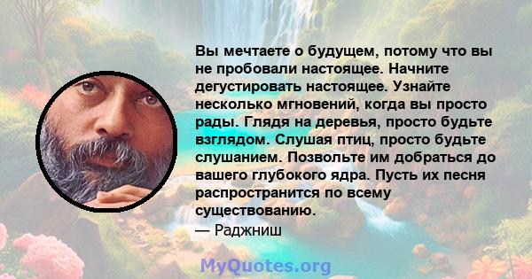 Вы мечтаете о будущем, потому что вы не пробовали настоящее. Начните дегустировать настоящее. Узнайте несколько мгновений, когда вы просто рады. Глядя на деревья, просто будьте взглядом. Слушая птиц, просто будьте