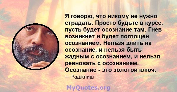 Я говорю, что никому не нужно страдать. Просто будьте в курсе, пусть будет осознание там. Гнев возникнет и будет поглощен осознанием. Нельзя злить на осознание, и нельзя быть жадным с осознанием, и нельзя ревновать с