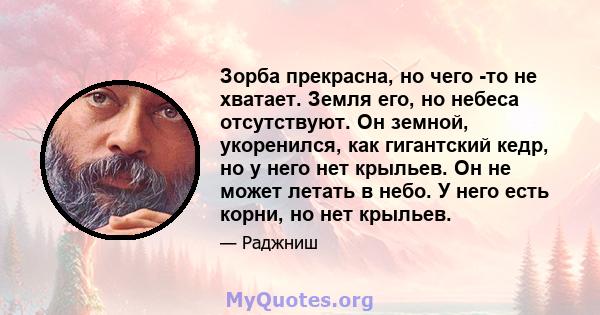 Зорба прекрасна, но чего -то не хватает. Земля его, но небеса отсутствуют. Он земной, укоренился, как гигантский кедр, но у него нет крыльев. Он не может летать в небо. У него есть корни, но нет крыльев.