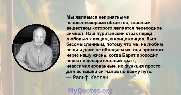 Мы являемся неприятными непоселессорами объектов, главным веществом которого является переходное символ. Наш пуританский страх перед любовью к вещам, в конце концов, был бессмысленным, потому что мы не любим вещи и даже 