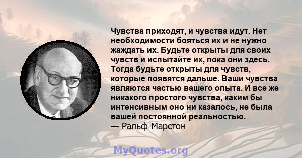 Чувства приходят, и чувства идут. Нет необходимости бояться их и не нужно жаждать их. Будьте открыты для своих чувств и испытайте их, пока они здесь. Тогда будьте открыты для чувств, которые появятся дальше. Ваши