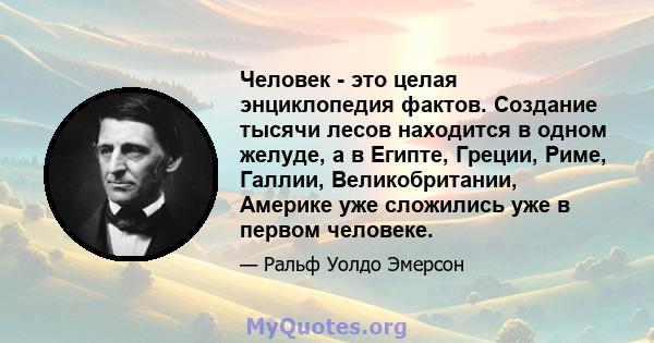 Человек - это целая энциклопедия фактов. Создание тысячи лесов находится в одном желуде, а в Египте, Греции, Риме, Галлии, Великобритании, Америке уже сложились уже в первом человеке.