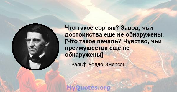 Что такое сорняк? Завод, чьи достоинства еще не обнаружены. [Что такое печаль? Чувство, чьи преимущества еще не обнаружены]