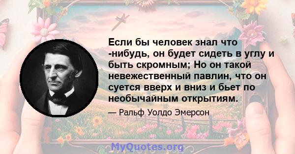 Если бы человек знал что -нибудь, он будет сидеть в углу и быть скромным; Но он такой невежественный павлин, что он суется вверх и вниз и бьет по необычайным открытиям.