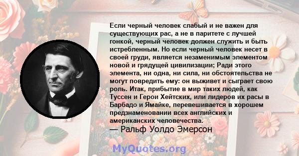 Если черный человек слабый и не важен для существующих рас, а не в паритете с лучшей гонкой, черный человек должен служить и быть истребленным. Но если черный человек несет в своей груди, является незаменимым элементом