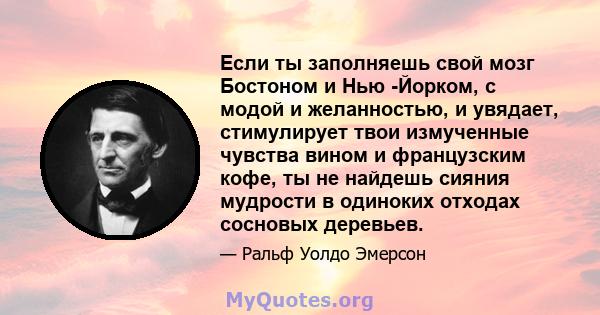 Если ты заполняешь свой мозг Бостоном и Нью -Йорком, с модой и желанностью, и увядает, стимулирует твои измученные чувства вином и французским кофе, ты не найдешь сияния мудрости в одиноких отходах сосновых деревьев.