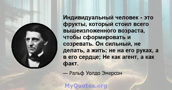 Индивидуальный человек - это фрукты, который стоил всего вышеизложенного возраста, чтобы сформировать и созревать. Он сильный, не делать, а жить; не на его руках, а в его сердце; Не как агент, а как факт.