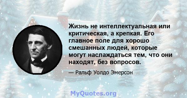 Жизнь не интеллектуальная или критическая, а крепкая. Его главное поле для хорошо смешанных людей, которые могут наслаждаться тем, что они находят, без вопросов.