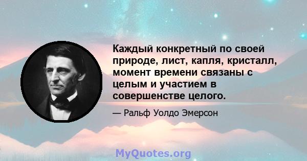 Каждый конкретный по своей природе, лист, капля, кристалл, момент времени связаны с целым и участием в совершенстве целого.