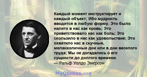 Каждый момент инструктирует и каждый объект; Ибо мудрость вводится в любую форму. Это было налито в нас как кровь; Это приветствовало нас как боль; Это скользило в нас как удовольствие; Это охватило нас в скучные,