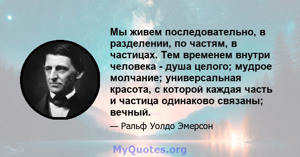 Мы живем последовательно, в разделении, по частям, в частицах. Тем временем внутри человека - душа целого; мудрое молчание; универсальная красота, с которой каждая часть и частица одинаково связаны; вечный.