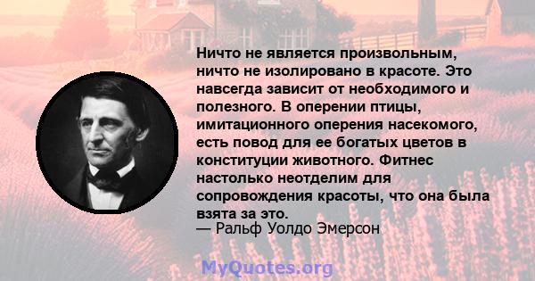 Ничто не является произвольным, ничто не изолировано в красоте. Это навсегда зависит от необходимого и полезного. В оперении птицы, имитационного оперения насекомого, есть повод для ее богатых цветов в конституции