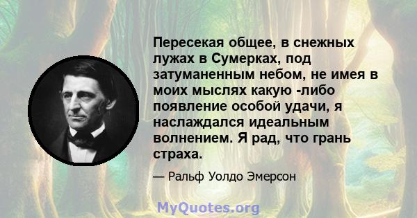 Пересекая общее, в снежных лужах в Сумерках, под затуманенным небом, не имея в моих мыслях какую -либо появление особой удачи, я наслаждался идеальным волнением. Я рад, что грань страха.