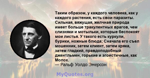 Таким образом, у каждого человека, как у каждого растения, есть свои паразиты. Сильная, вяжущая, желчная природа имеет больше тракулентных врагов, чем слизняки и мотыльки, которые беспокоят мои листья. У такого есть