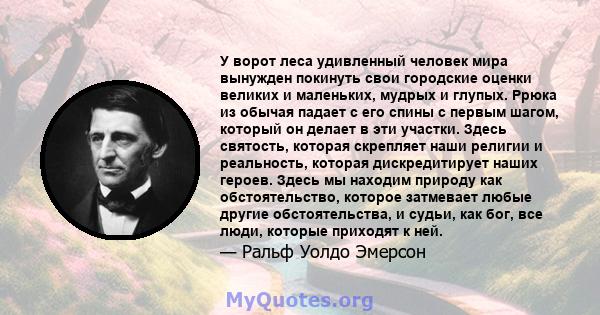 У ворот леса удивленный человек мира вынужден покинуть свои городские оценки великих и маленьких, мудрых и глупых. Ррюка из обычая падает с его спины с первым шагом, который он делает в эти участки. Здесь святость,