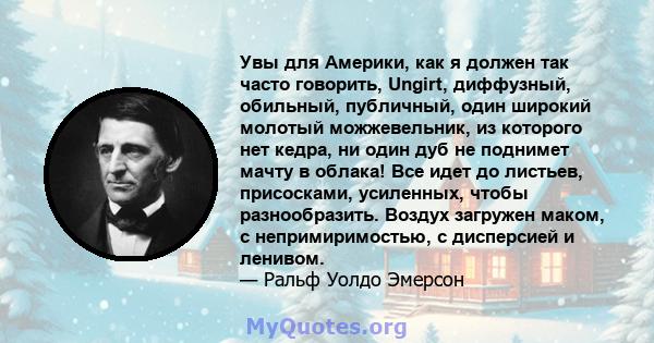 Увы для Америки, как я должен так часто говорить, Ungirt, диффузный, обильный, публичный, один широкий молотый можжевельник, из которого нет кедра, ни один дуб не поднимет мачту в облака! Все идет до листьев,