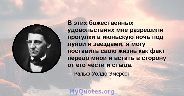 В этих божественных удовольствиях мне разрешили прогулки в июньскую ночь под луной и звездами, я могу поставить свою жизнь как факт передо мной и встать в сторону от его чести и стыда.