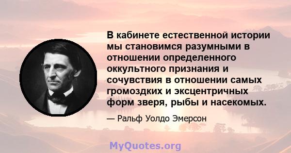 В кабинете естественной истории мы становимся разумными в отношении определенного оккультного признания и сочувствия в отношении самых громоздких и эксцентричных форм зверя, рыбы и насекомых.