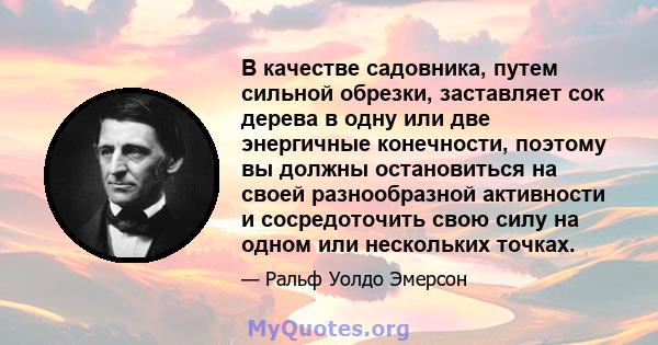 В качестве садовника, путем сильной обрезки, заставляет сок дерева в одну или две энергичные конечности, поэтому вы должны остановиться на своей разнообразной активности и сосредоточить свою силу на одном или нескольких 