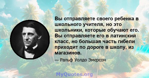 Вы отправляете своего ребенка в школьного учителя, но это школьники, которые обучают его. Вы отправляете его в латинский класс, но большая часть гибели приходит по дороге в школу, из магазинов.