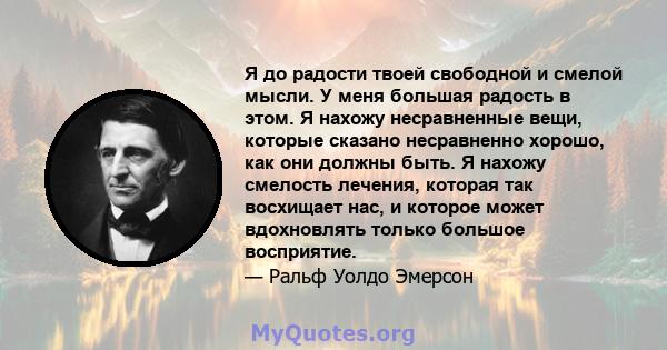 Я до радости твоей свободной и смелой мысли. У меня большая радость в этом. Я нахожу несравненные вещи, которые сказано несравненно хорошо, как они должны быть. Я нахожу смелость лечения, которая так восхищает нас, и