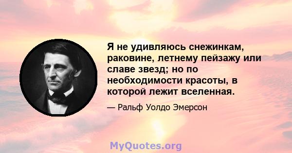 Я не удивляюсь снежинкам, раковине, летнему пейзажу или славе звезд; но по необходимости красоты, в которой лежит вселенная.