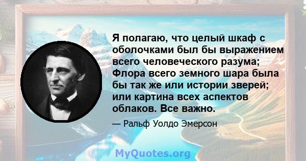 Я полагаю, что целый шкаф с оболочками был бы выражением всего человеческого разума; Флора всего земного шара была бы так же или истории зверей; или картина всех аспектов облаков. Все важно.